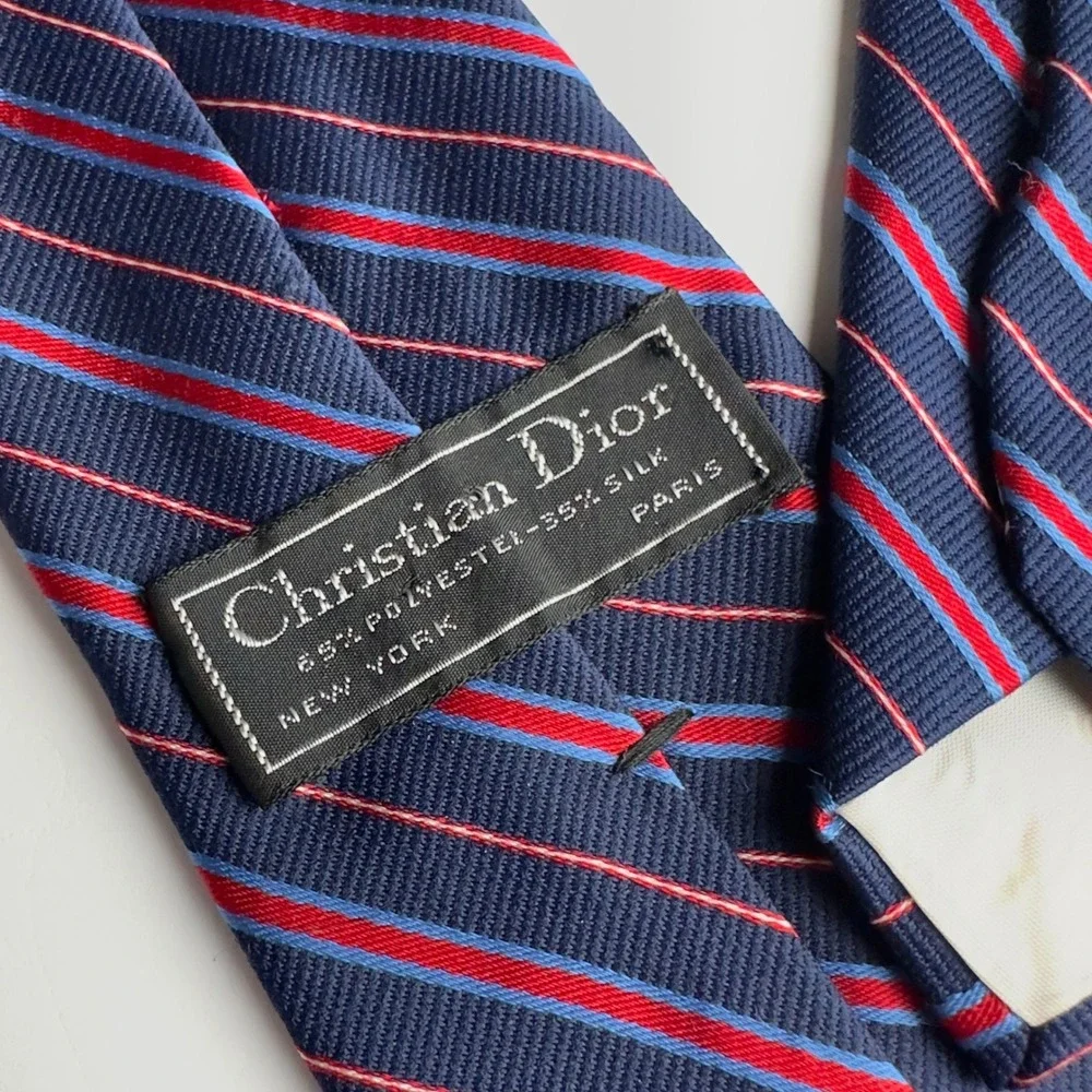 Christian Dior Mens Silk Blend Striped Necktie Navy Blue Red CD Logo Preppy